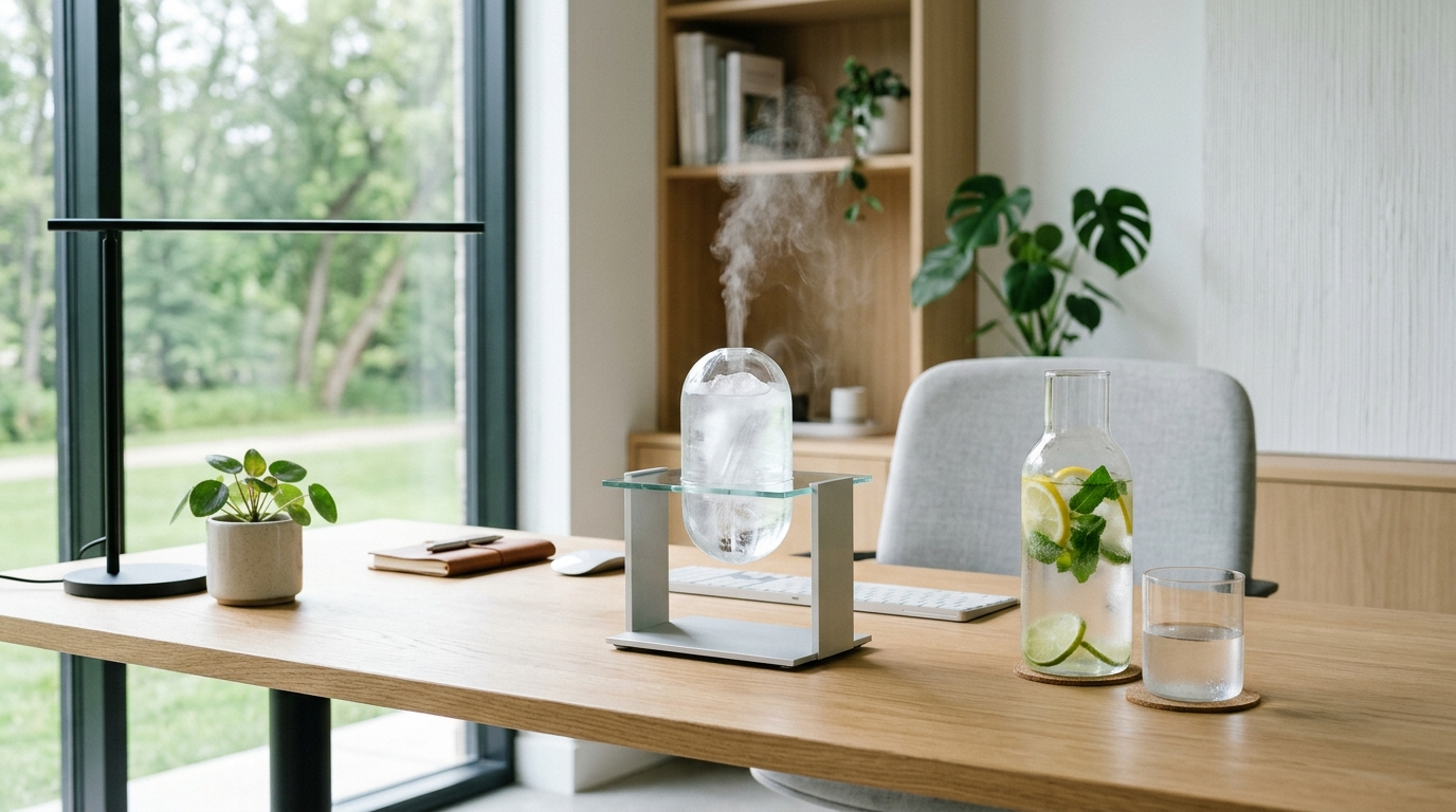 Ambiance bureau scandinave avec diffuseur d'air frais AERO-CHILL et carafe d'eau menthe citron