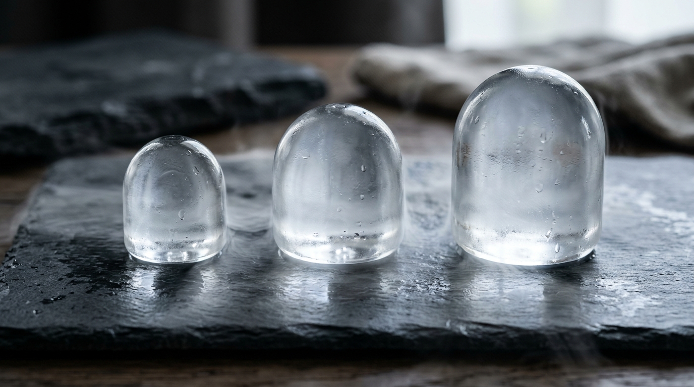 Trois tailles de capsules de glace ASTRA 4cm, 6cm et 8cm côte à côte avec brume de froid